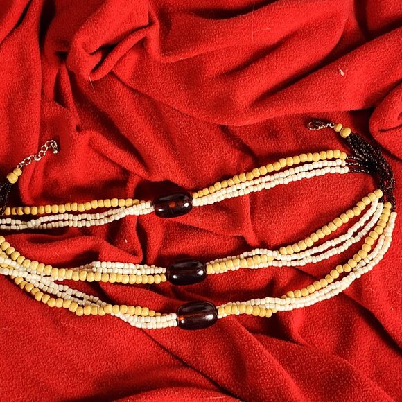 Express Wood Poly Brown Root Beer Tan Pearlescent White Bead 17" Choker Necklace - Picture 8 of 16